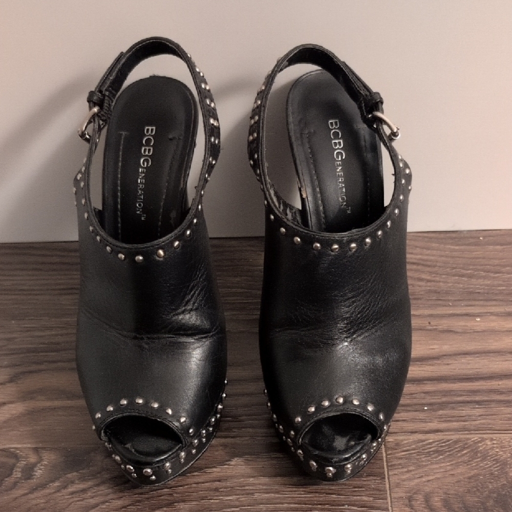BCBGeneration Black Studded Peep-Toe Mules
